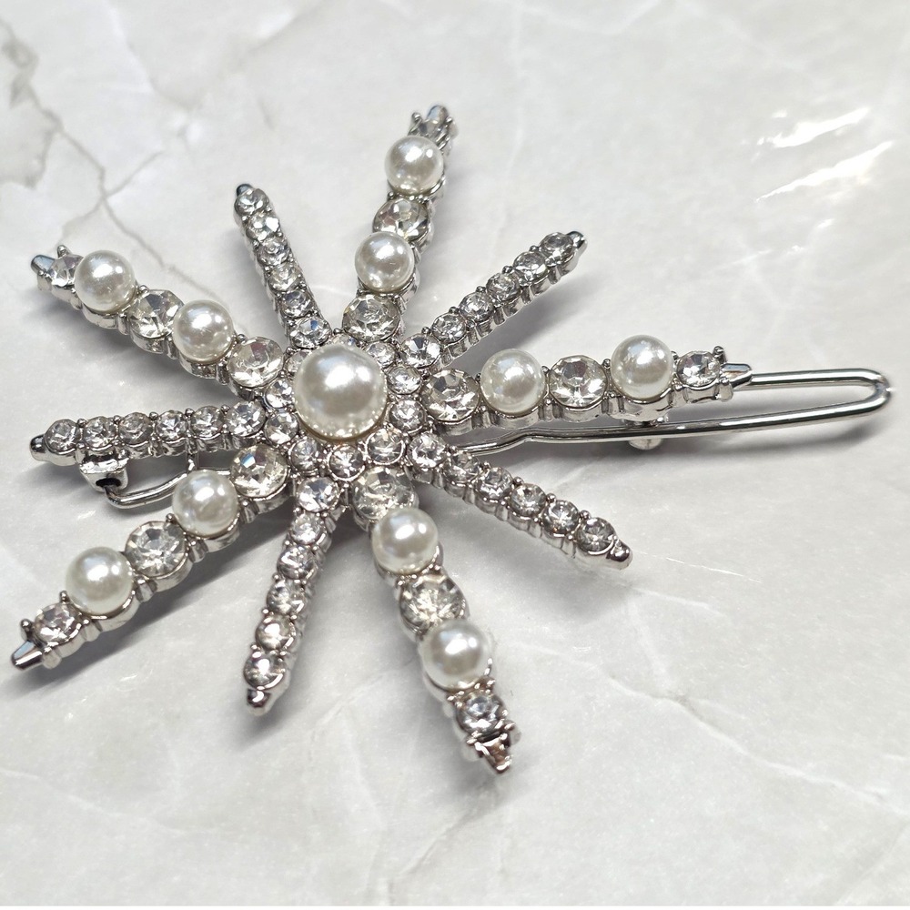 Star Snow Flake Hair Clip Silvertone Faux Pearl Rhinestone Starburst Barrette